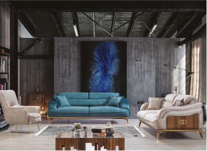 Sofa set suite sofas armchair three-seater 3+3+1 seater textile blue